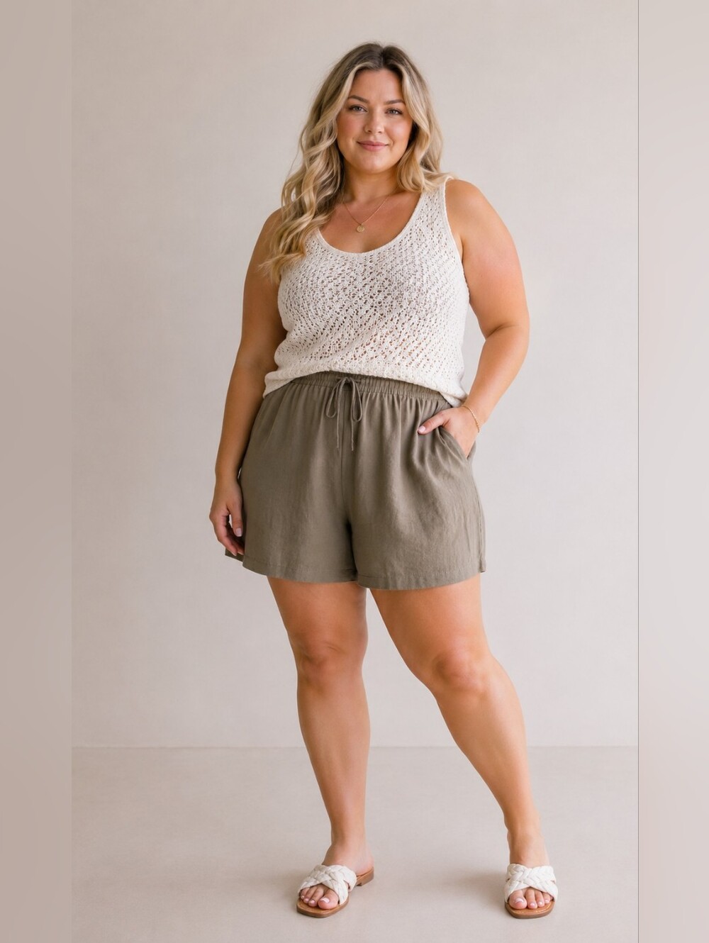 Cotton Bleu Plus Size 2x: Everyday Drawstring Cotton-Blend Shorts in Olive NWOT